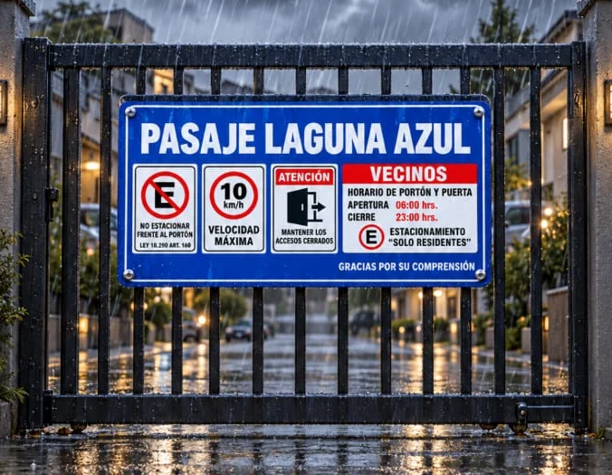 Letrero de pasaje en un portón bajo la lluvia